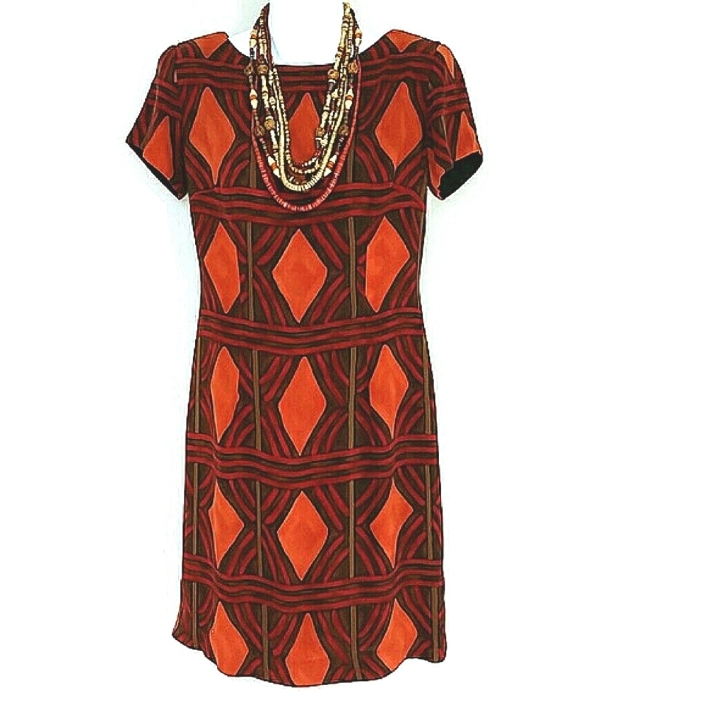 Jeffrey & Dara Size 6 Midi Dress Southwestern Geometric Print Red Orange Brown B - Picture 4 of 6